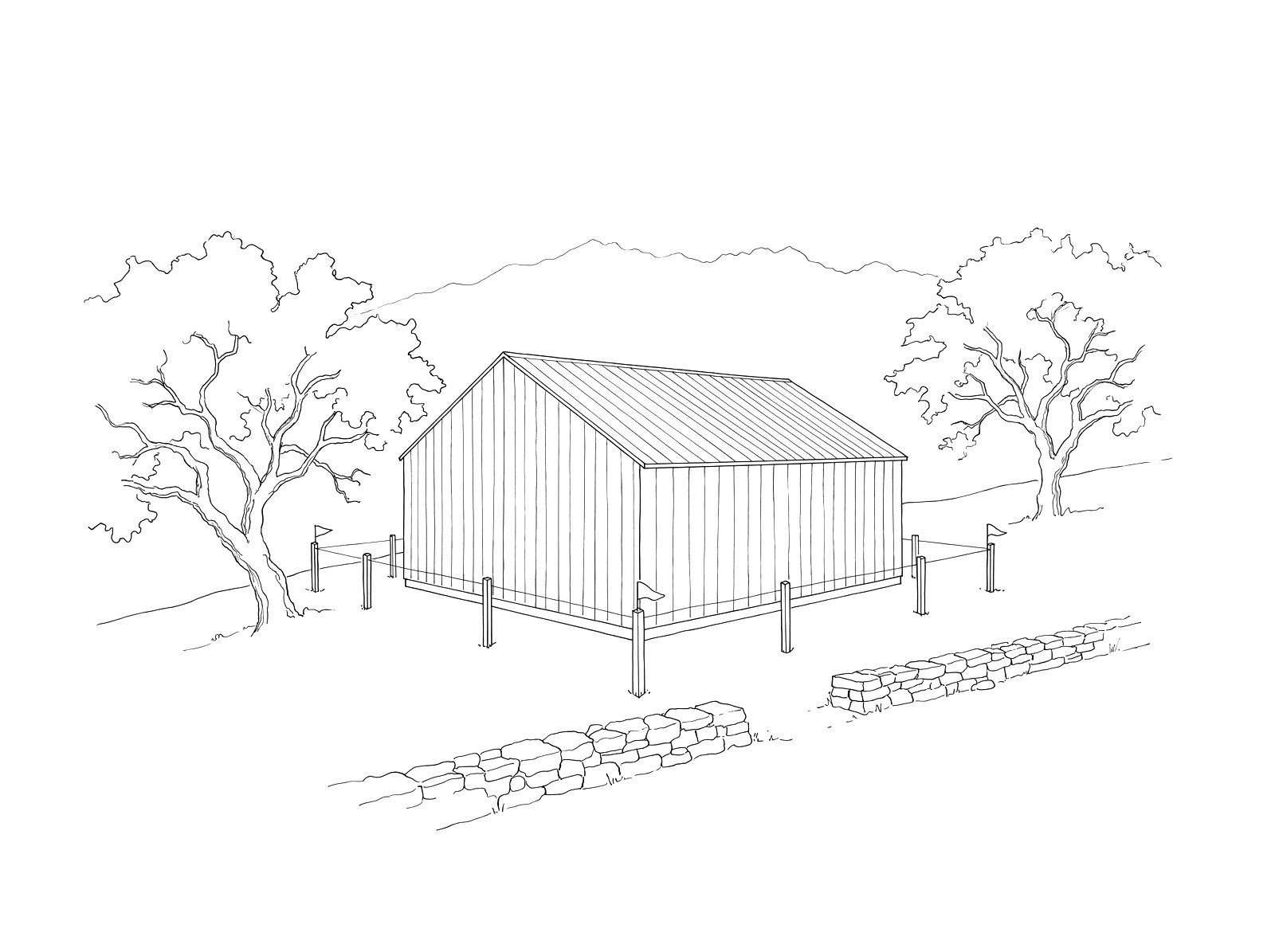 Line drawing of an Ojai site with oak trees, a low stone wall and survey stakes around a simple gable building