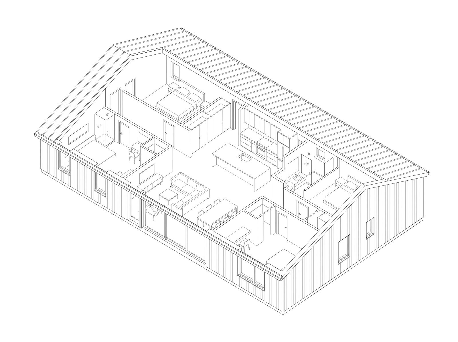 Line drawing of a house floor plan seen from above, with rooms, cabinetry and furniture