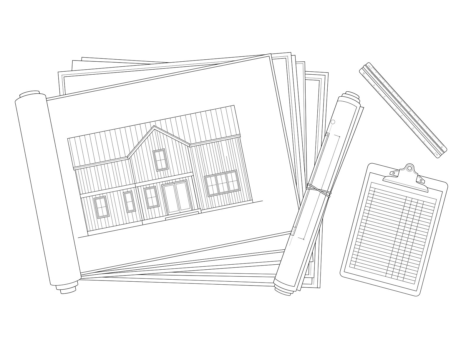 Line drawing of a stack of architectural plans, a rolled drawing set and a clipboard with a schedule