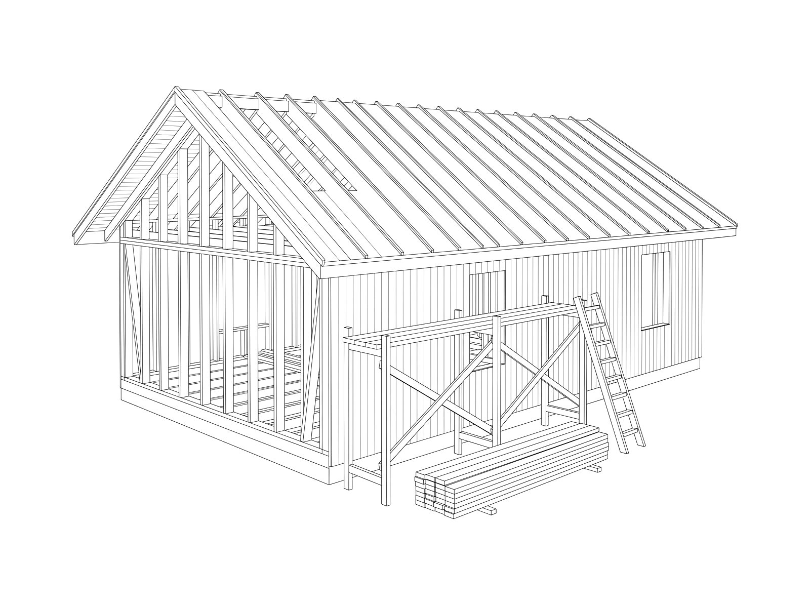 Line drawing of a house under construction with timber framing, rafters and scaffolding