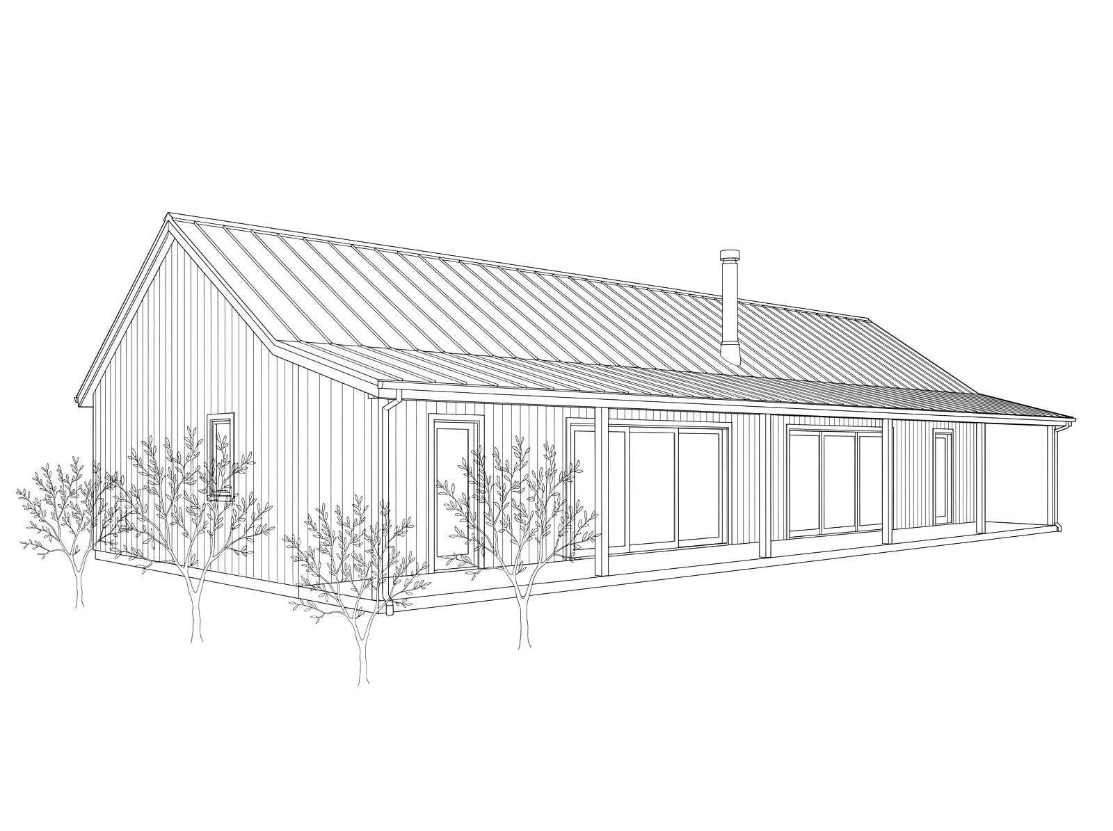 Line drawing of a finished single-story ranch house with a long gable roof and sliding glass doors