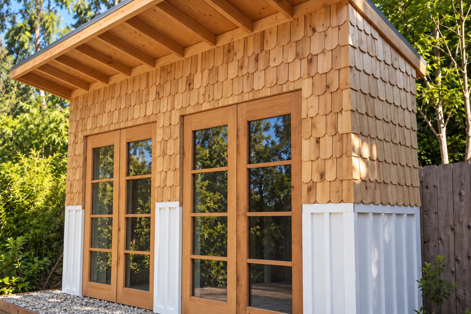 Small garden studio with cedar shingle siding and wood-framed glass doors