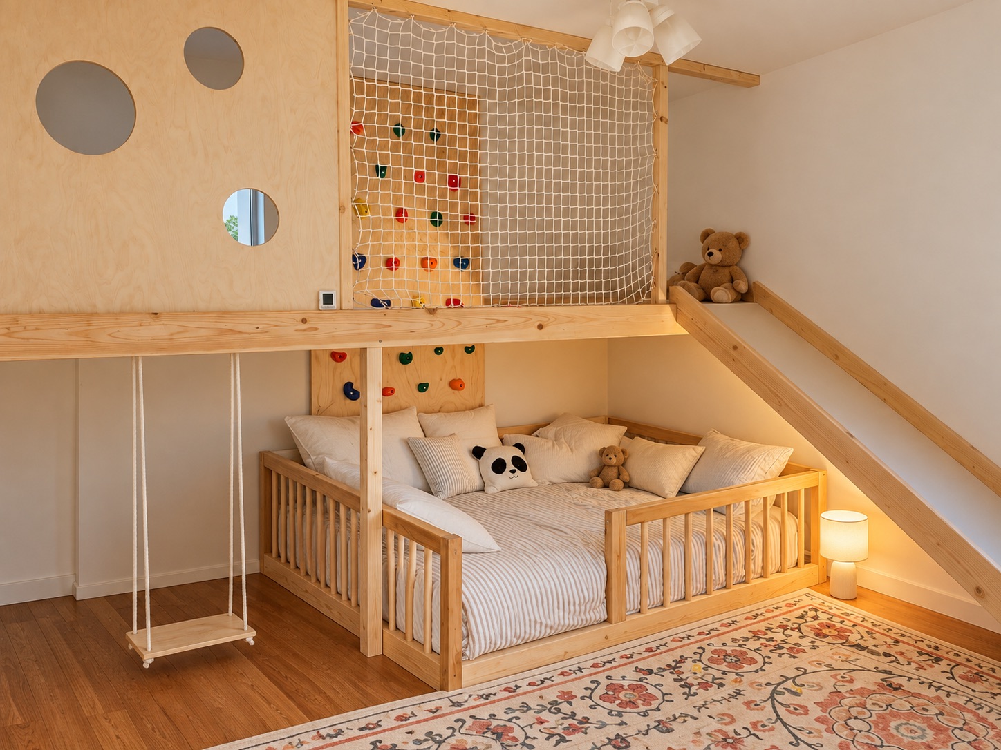 Children’s room with a timber loft bed, climbing wall, rope net, slide and swing