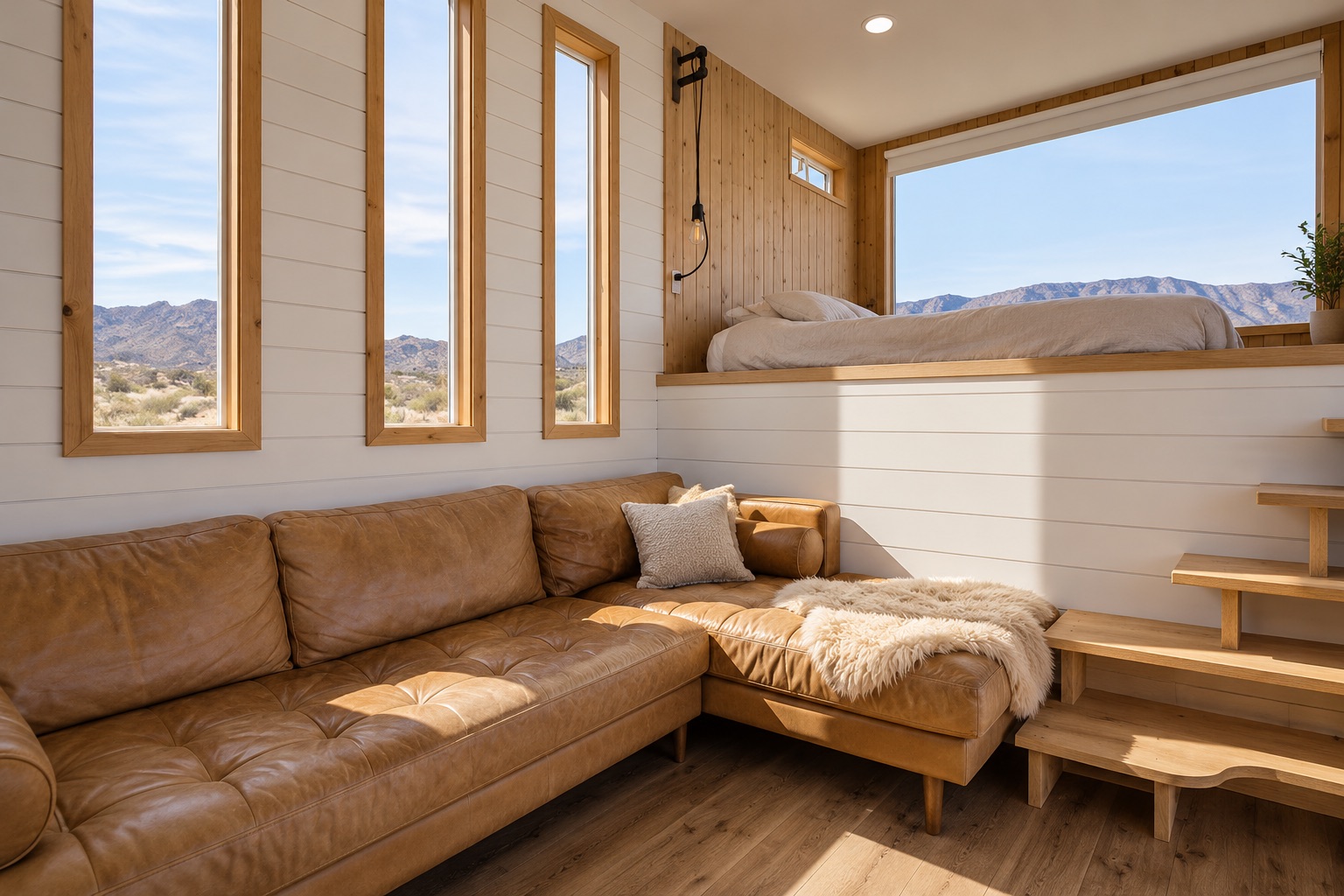 Tiny house living area with a leather sofa, built-in storage stairs and high windows
